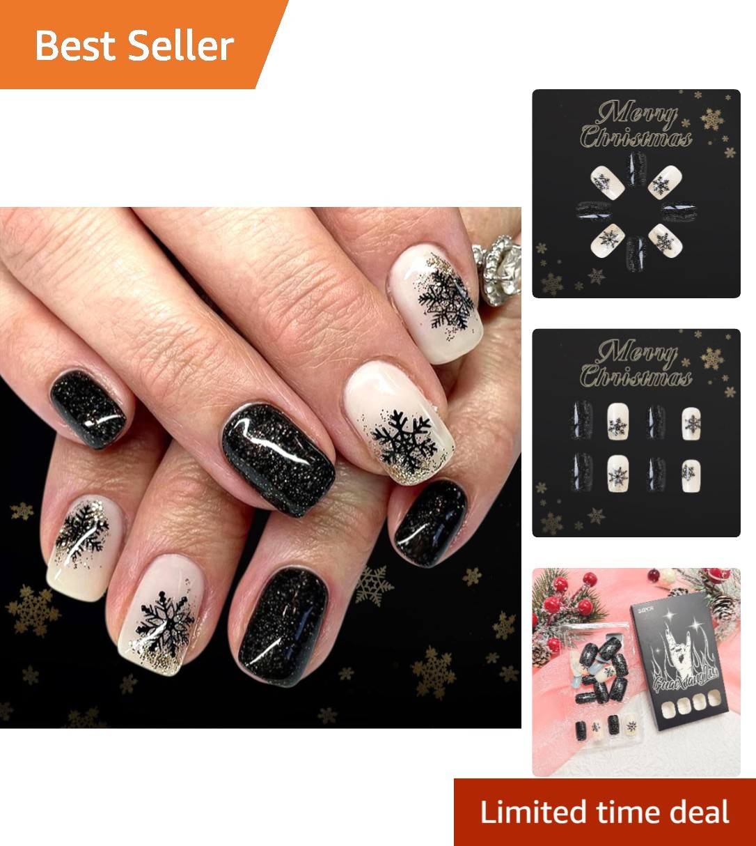 Black Press on Nails Medium Square Fake Nails with Designs Snowflake Stick