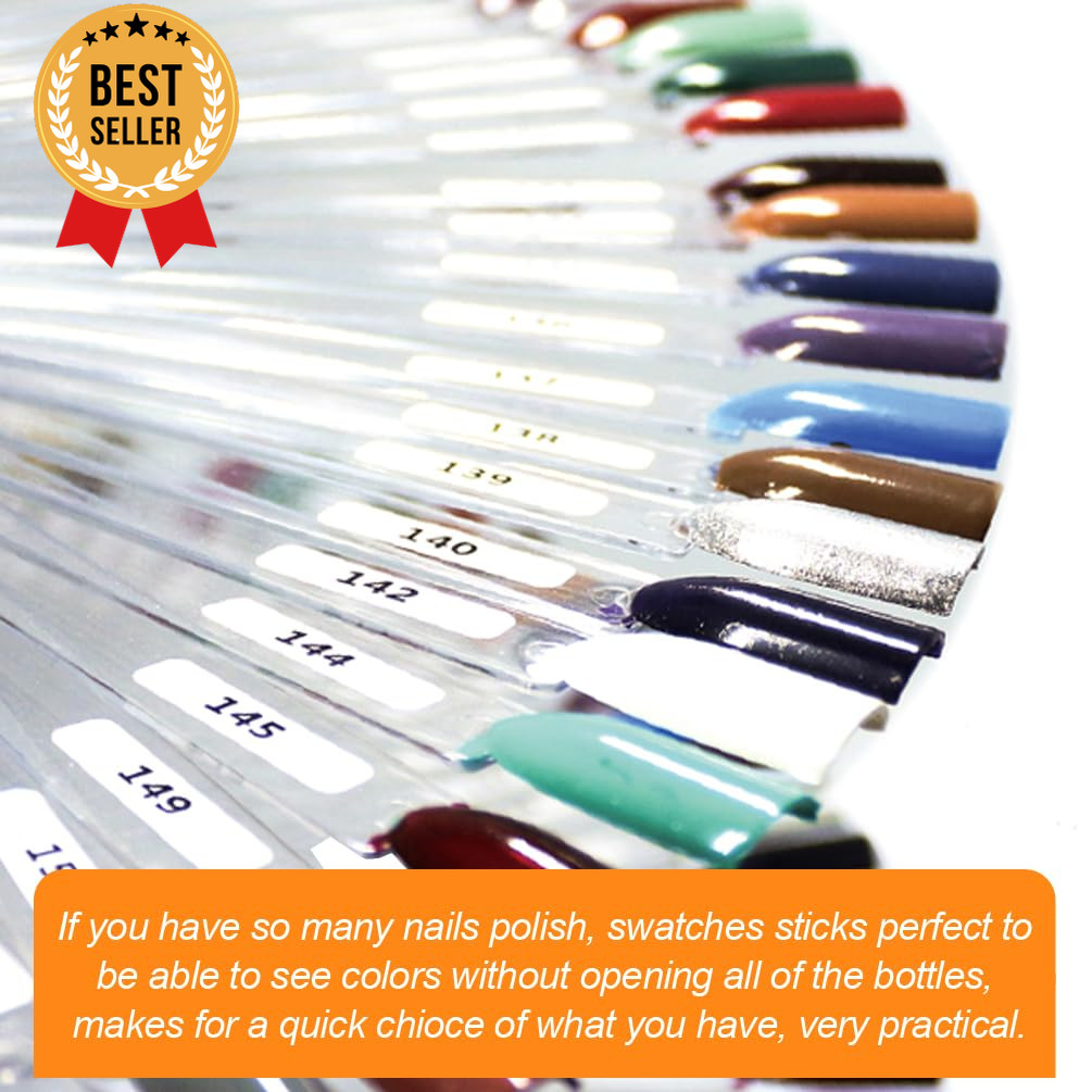150PCS Nail Swatch Sticks with Ring Clear Fan Display Tips for Nail Polish Color