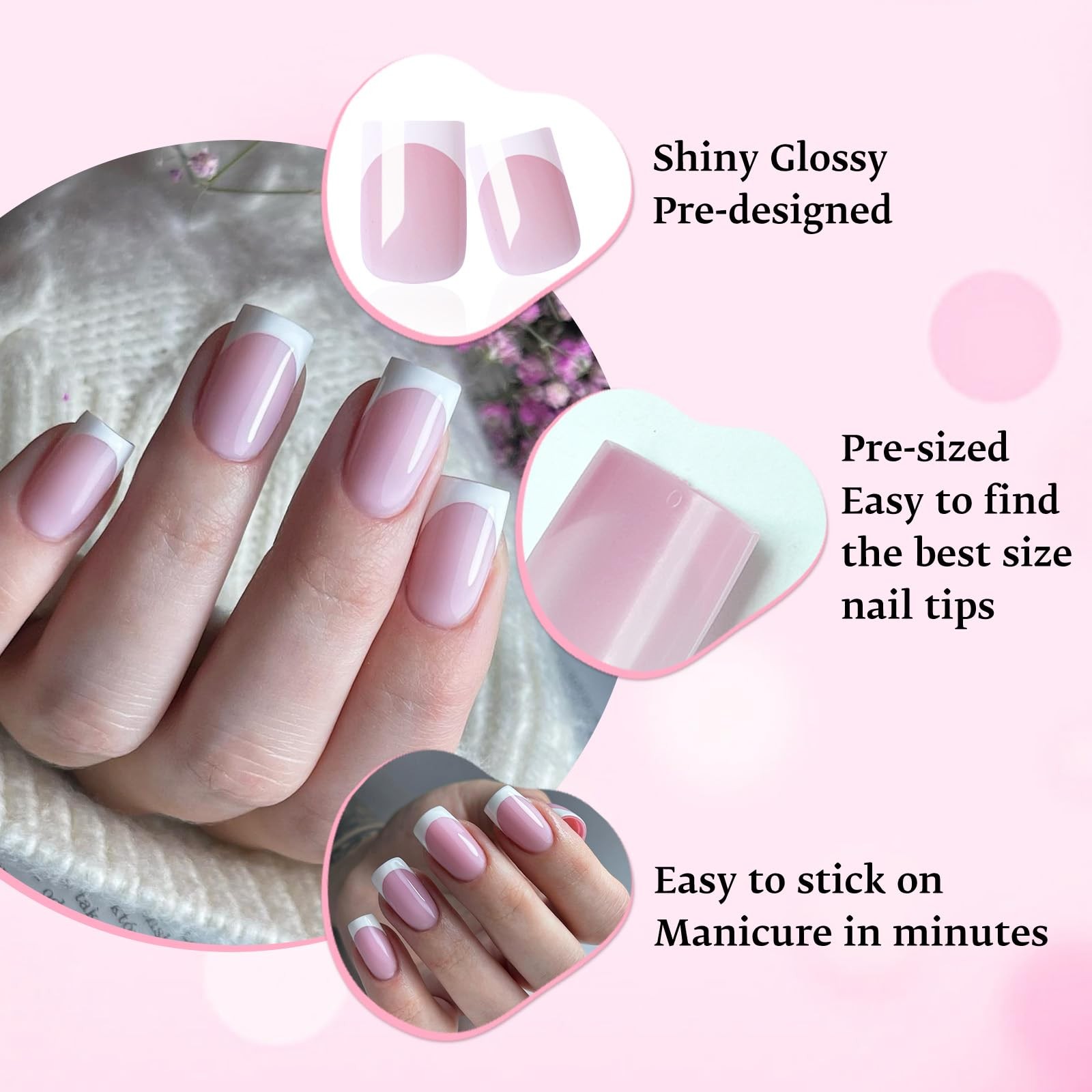 216pc White French Tips Press on Nails Medium Fake Nails Square, Pink Nude Me…