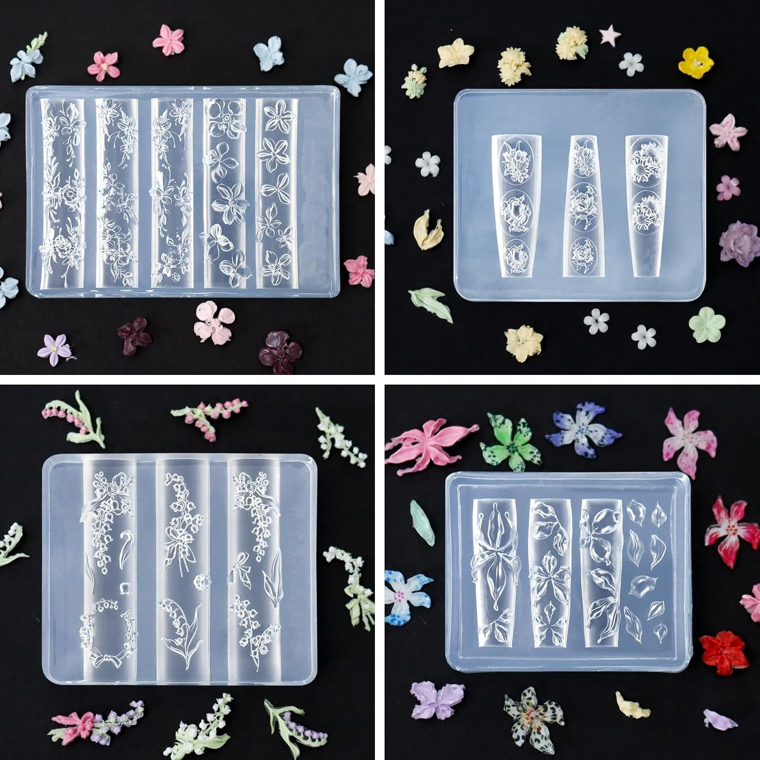 4Pcs Silicone Nail Art Molds, Acrylic 3D Spring Summer Flower Nail Charms Molds