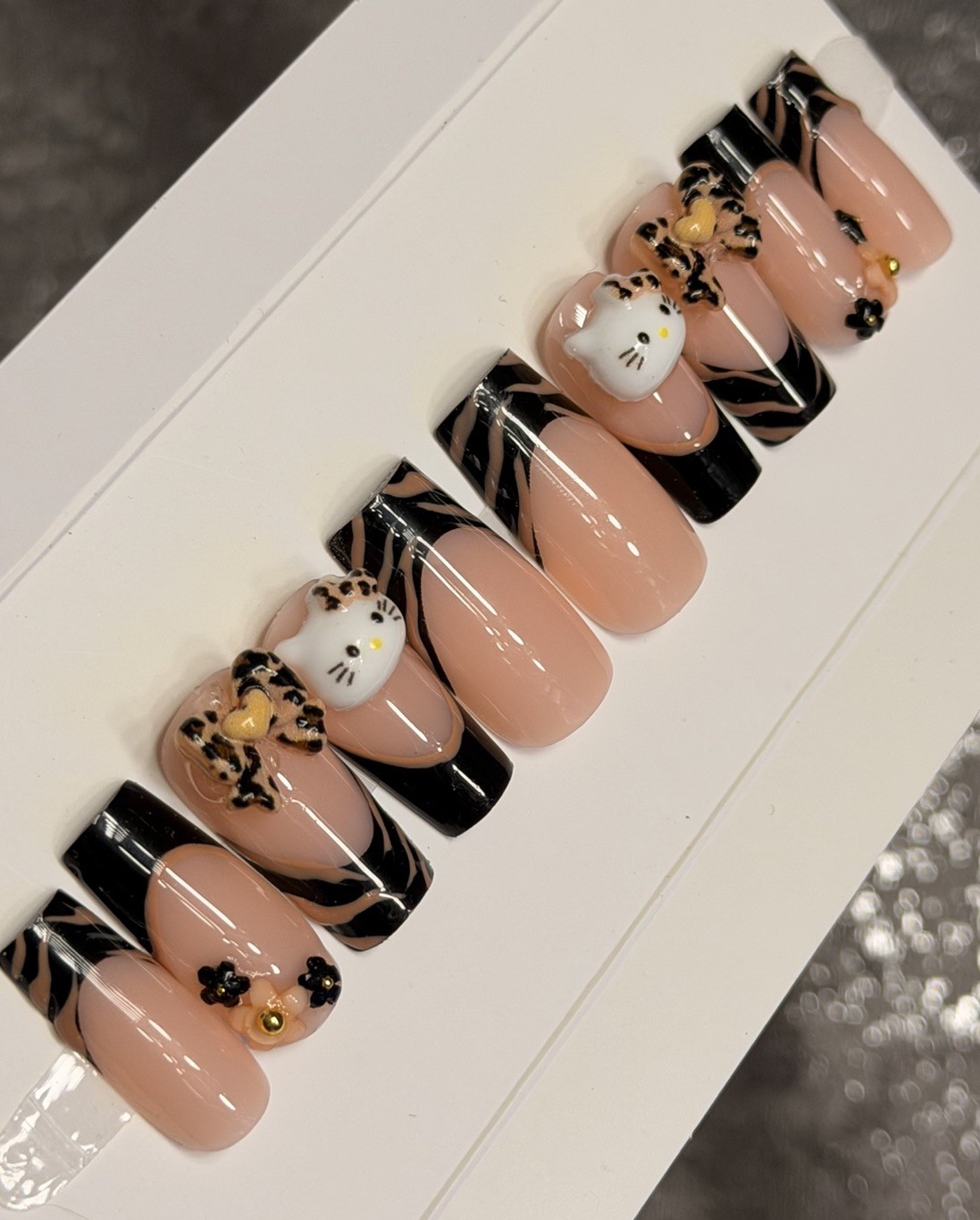 ✨ CUSTOM Press On Nails FRENCH BLACK HELLO KITTY BLING Flower 10p SET W Kit