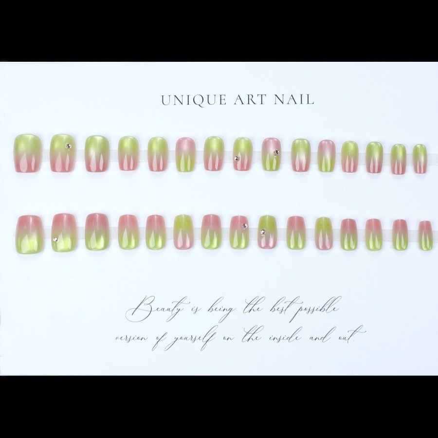 60Pcs Green Pink Rhinestone Gradient Press on Nails, Short Square Fake Nails