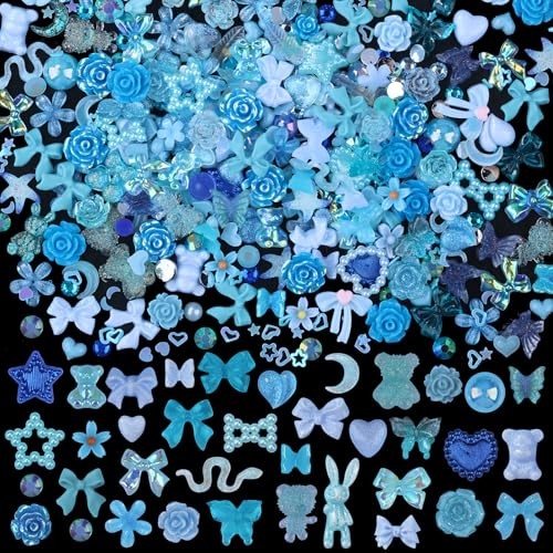 100 Pieces 3D Resin Butterfly Bear Nail Charms Rose Flower Peach Skirt Bow Blue