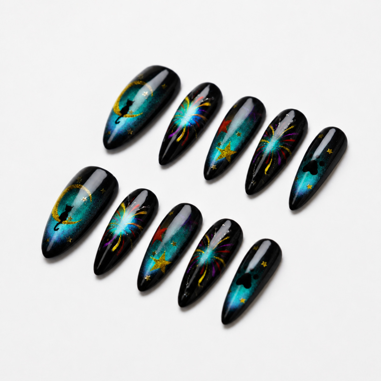 Handmade Galaxy Cat Moon Fireworks Black Teal Press-On Nails Set