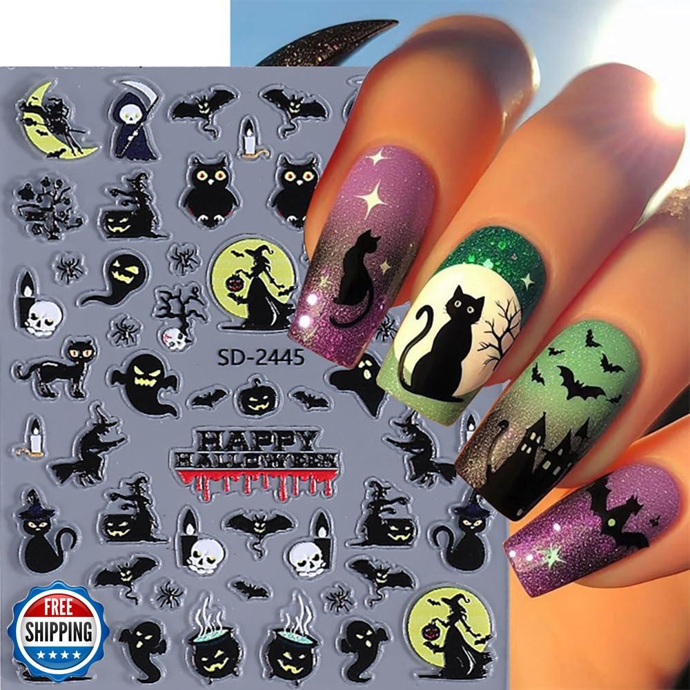 Halloween Nail Stickers, Halloween Nail Art Decals 5D Embossed Owl Witch Ghos