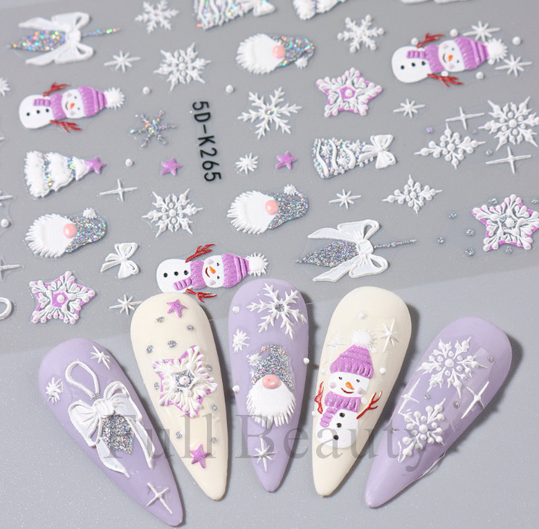5D Embossed Christmas Snowflake French Santa Star Nail Art Sticker Manicure NH24