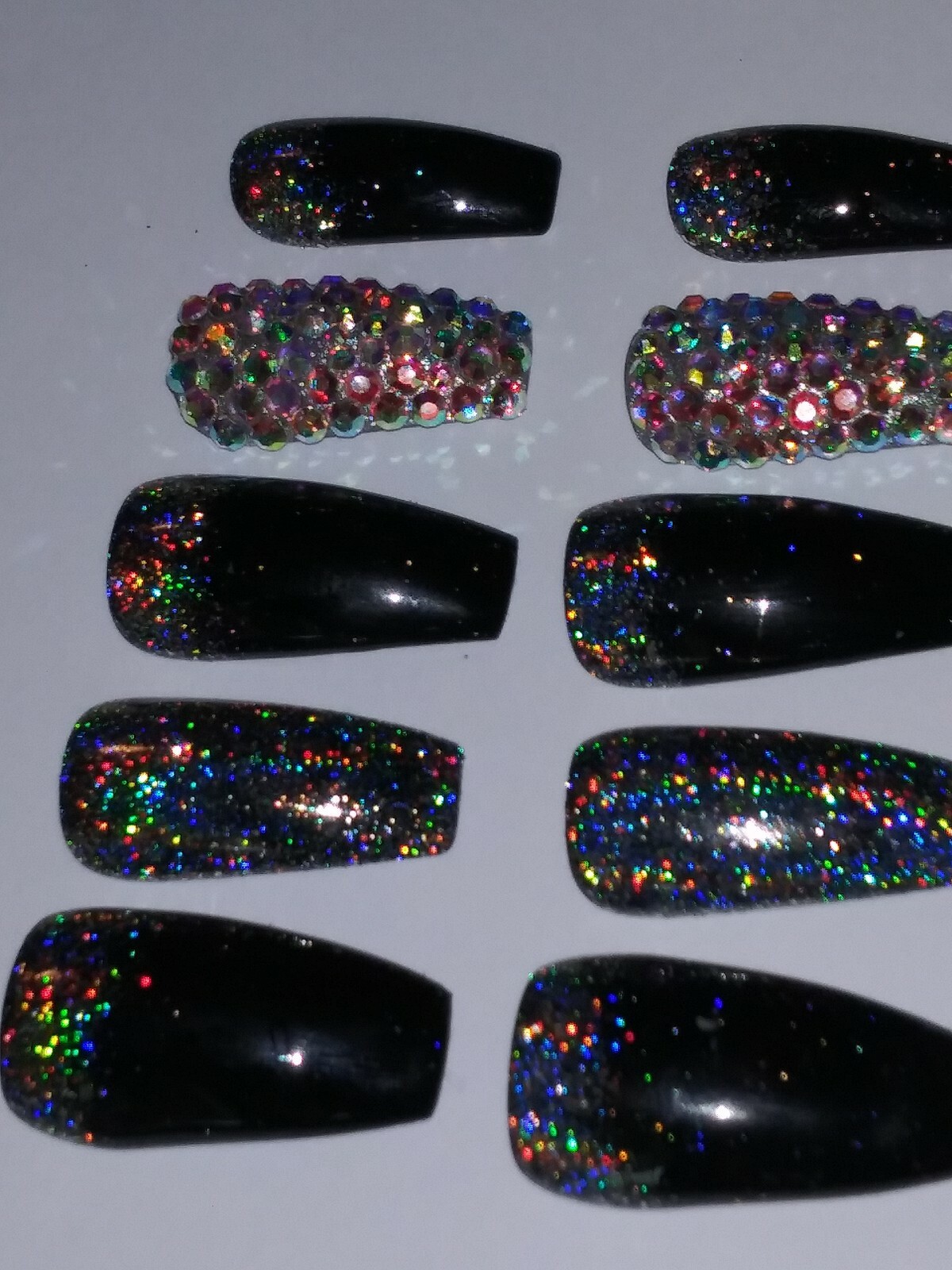 Black holographic glitter bling press on nails holo diamond crystal set short