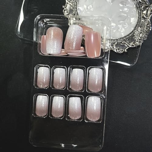 Square Press on Nails Medium, White Ombre French Tip Fake Nails 9113White