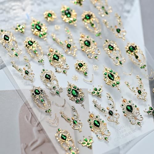 Gold Nail Art Stickers 5D Embossed Green Gem Nail Stickers Luxury Self Style-31