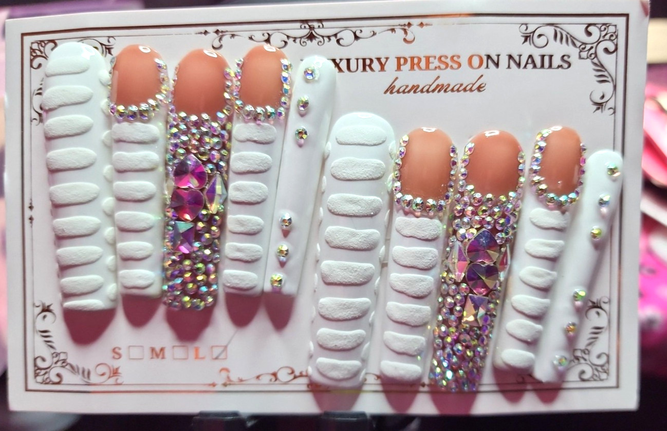 Large Size Super Long White Bling 10 Pc Handmade Press-on Nail Set