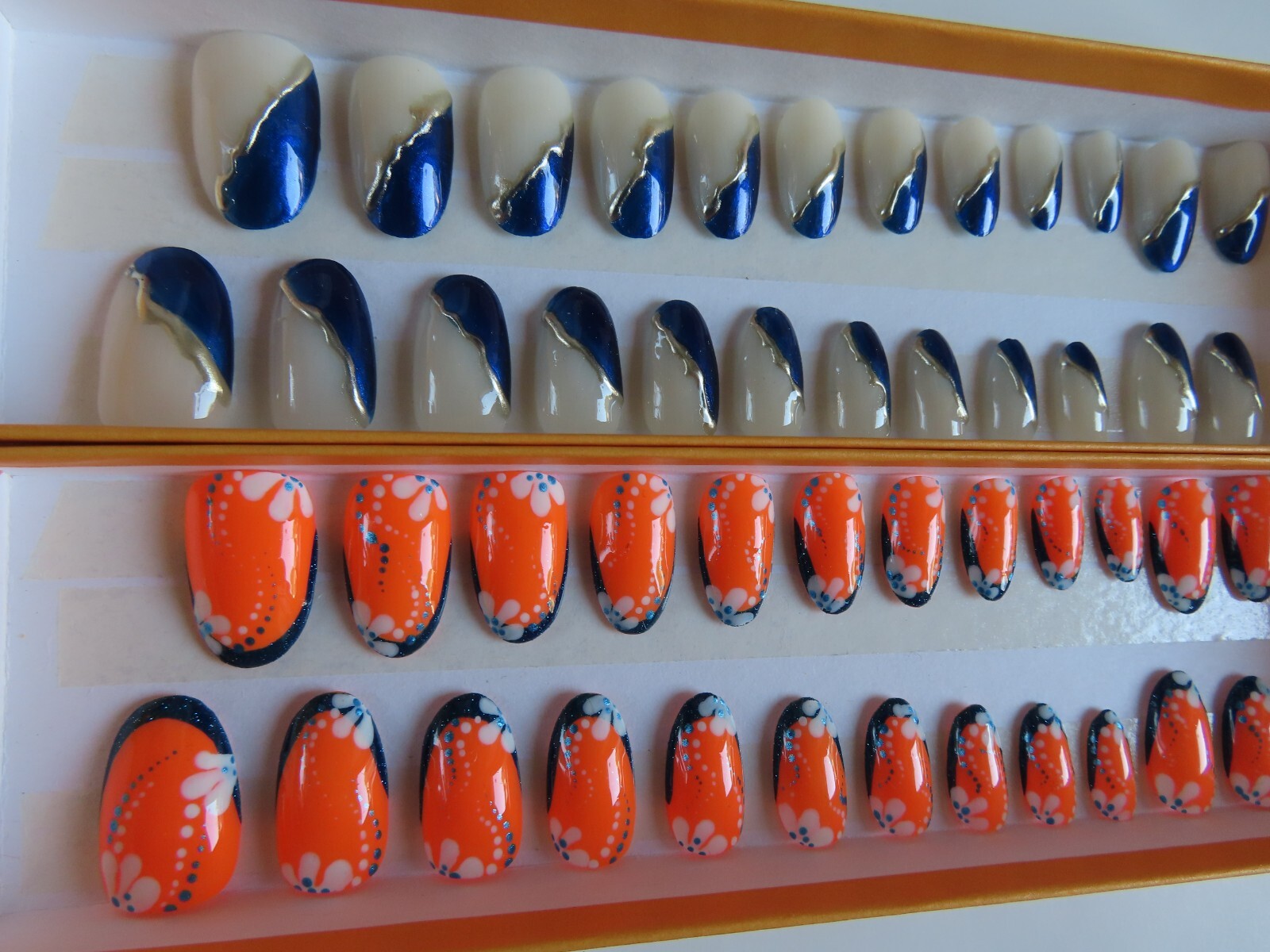 (2) Set Orange Blue White Flower Tip | Blue Silver Chrome Oval Press-On Nails