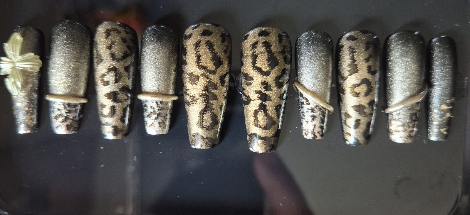 Gold Black Glitter Leopard Coffin Press-On Nails Pre-Designed Full Cover
