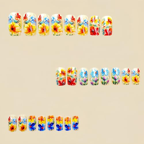 24 Pcs Flower Press on Nails Square Fake Nails Spring Summer False Style-A11