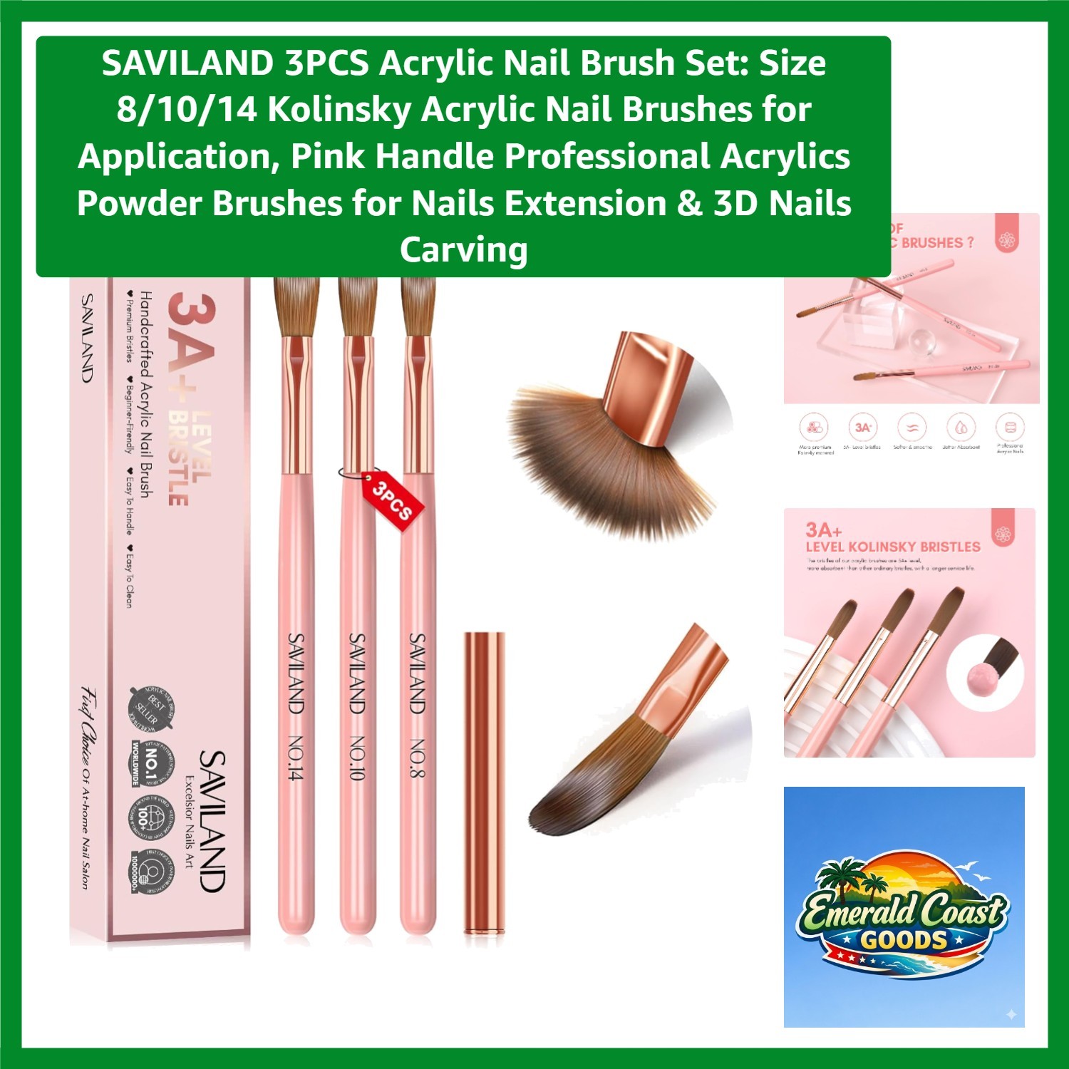 Professional 3PCS Acrylic Nail Brush Set – Size 8/10/14 for Ultimate Nail Art