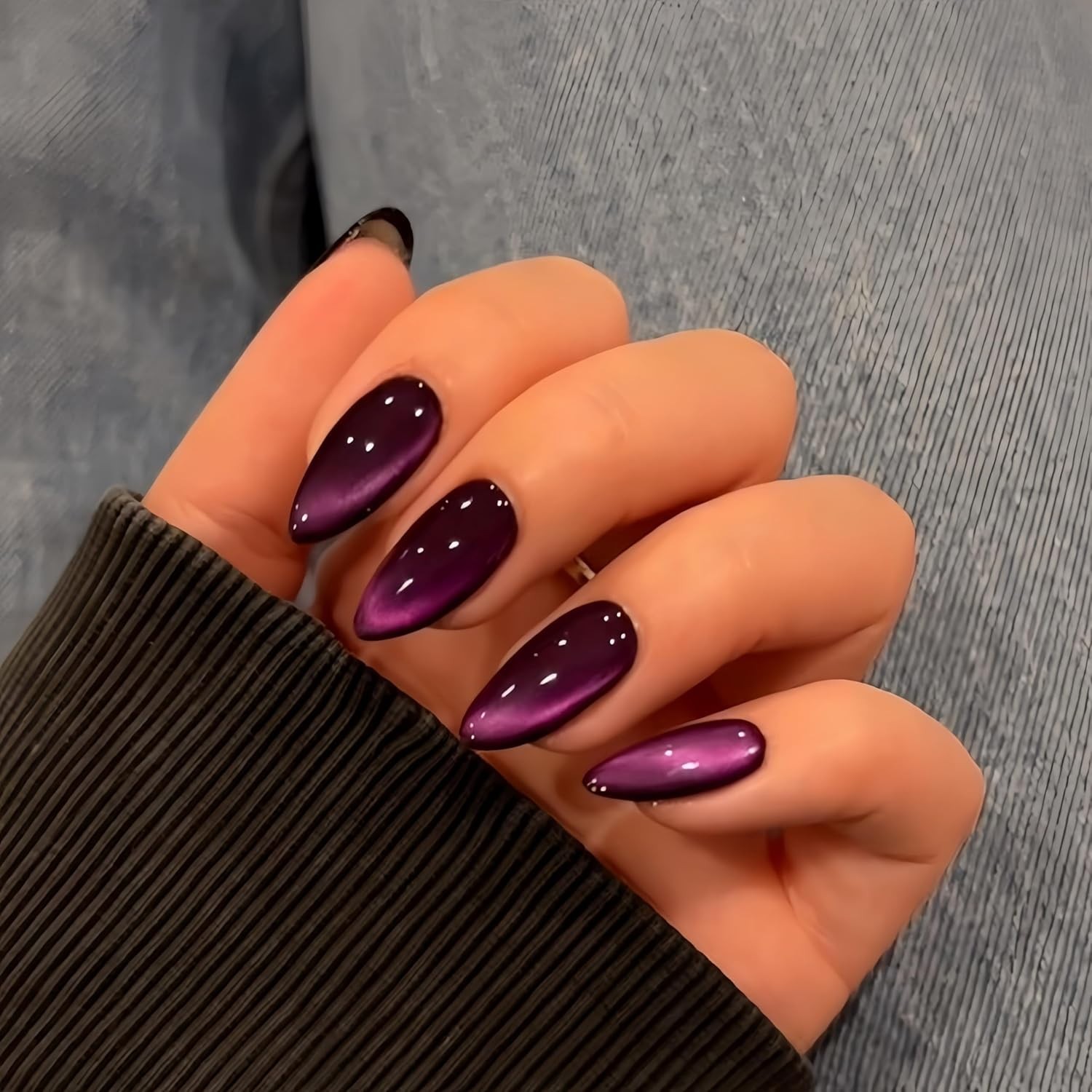 KQueenest Purple Cat Eye Press on Nails Almond Shape, 30 Pcs Black Glitter Fake