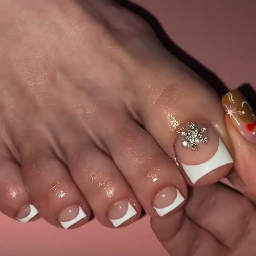 24pcs Sweet Pink Glitter Toenails French White Edge Detachable