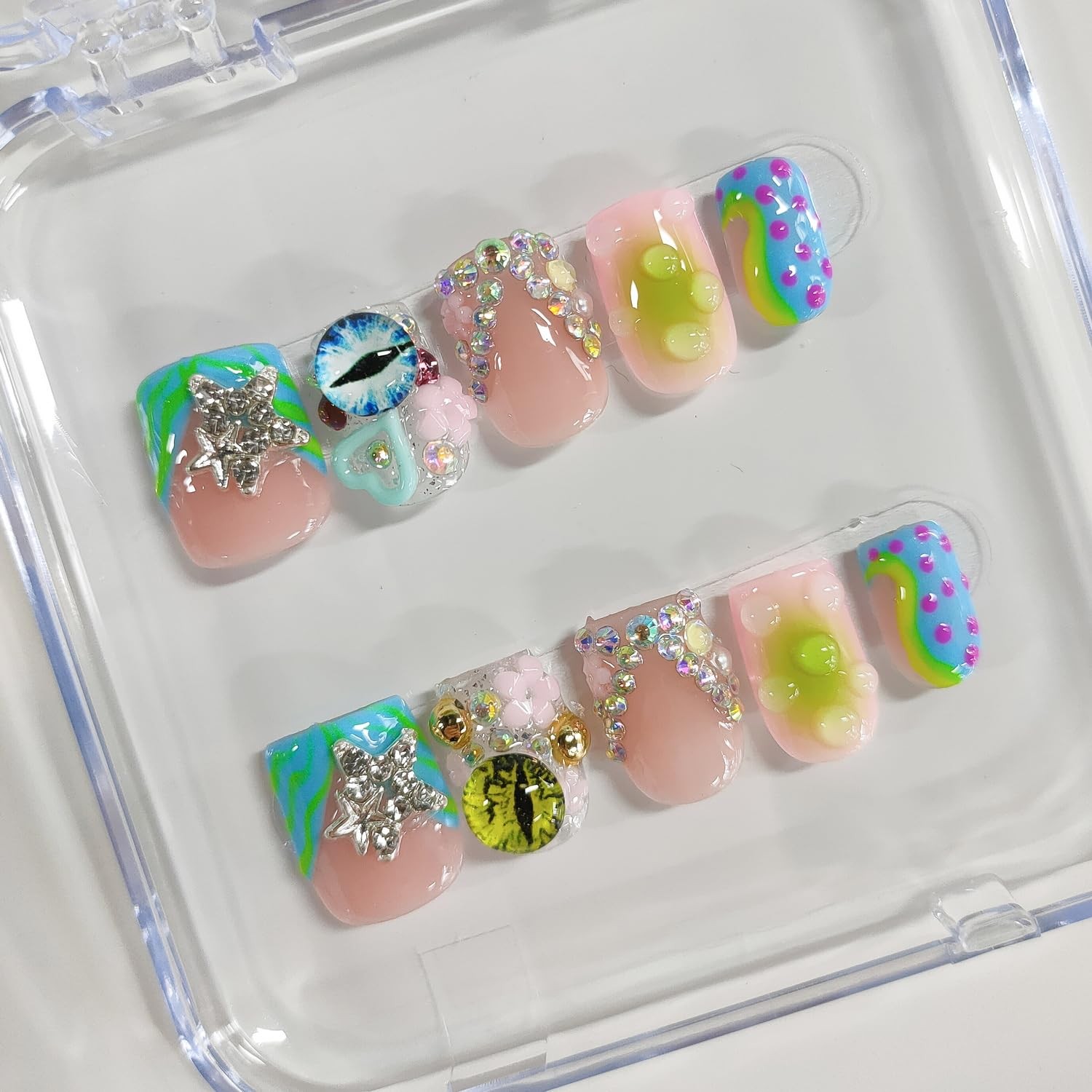 BRKYKGK Handmade Press On Nails Short Square 3D French Tip Thick Acrylic Fake