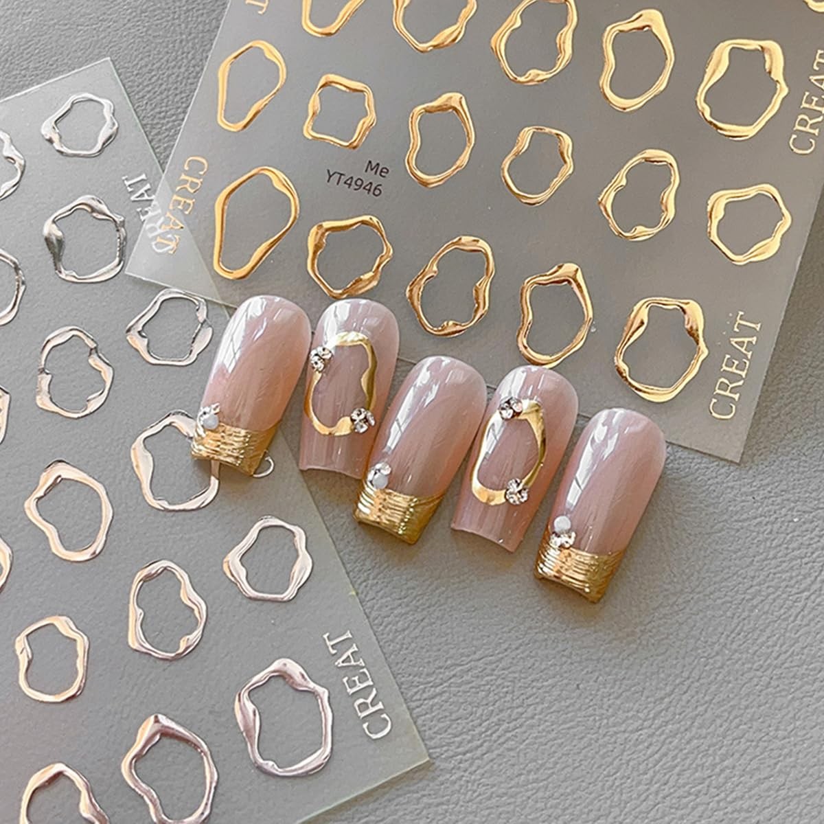 5D Embossed Metal Nail Art Stickers, 4Sheets Gold Silver Irregular Multicolor