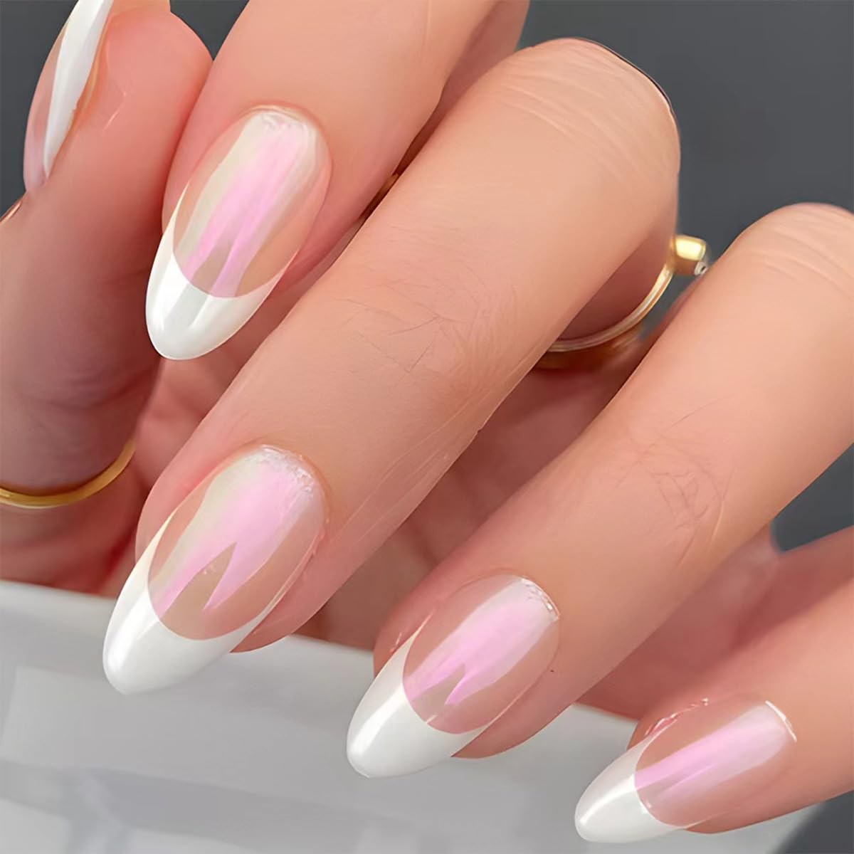 24Pcs Chrome Almond Press On Nails Medium Glossy Fake Nails with Glue Tabs