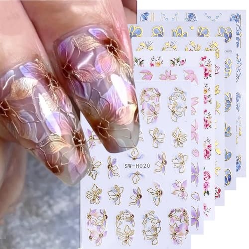 6 Sheets Flower Nail Art Stickers Decals 3D Self-Adhesive Gold Edge Flowers-5