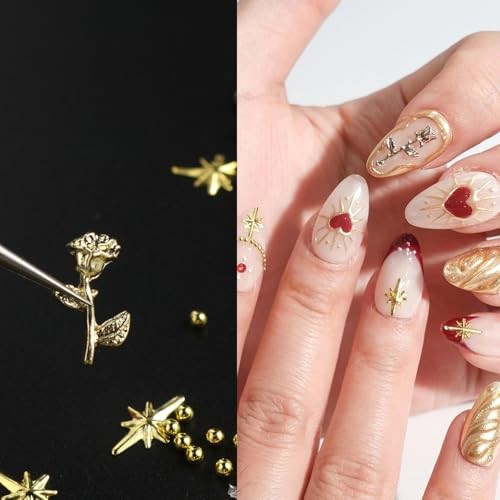 1Bag Metallic Rose Flower Star Nail Art Charms 3D Gold Beads Colorful -20