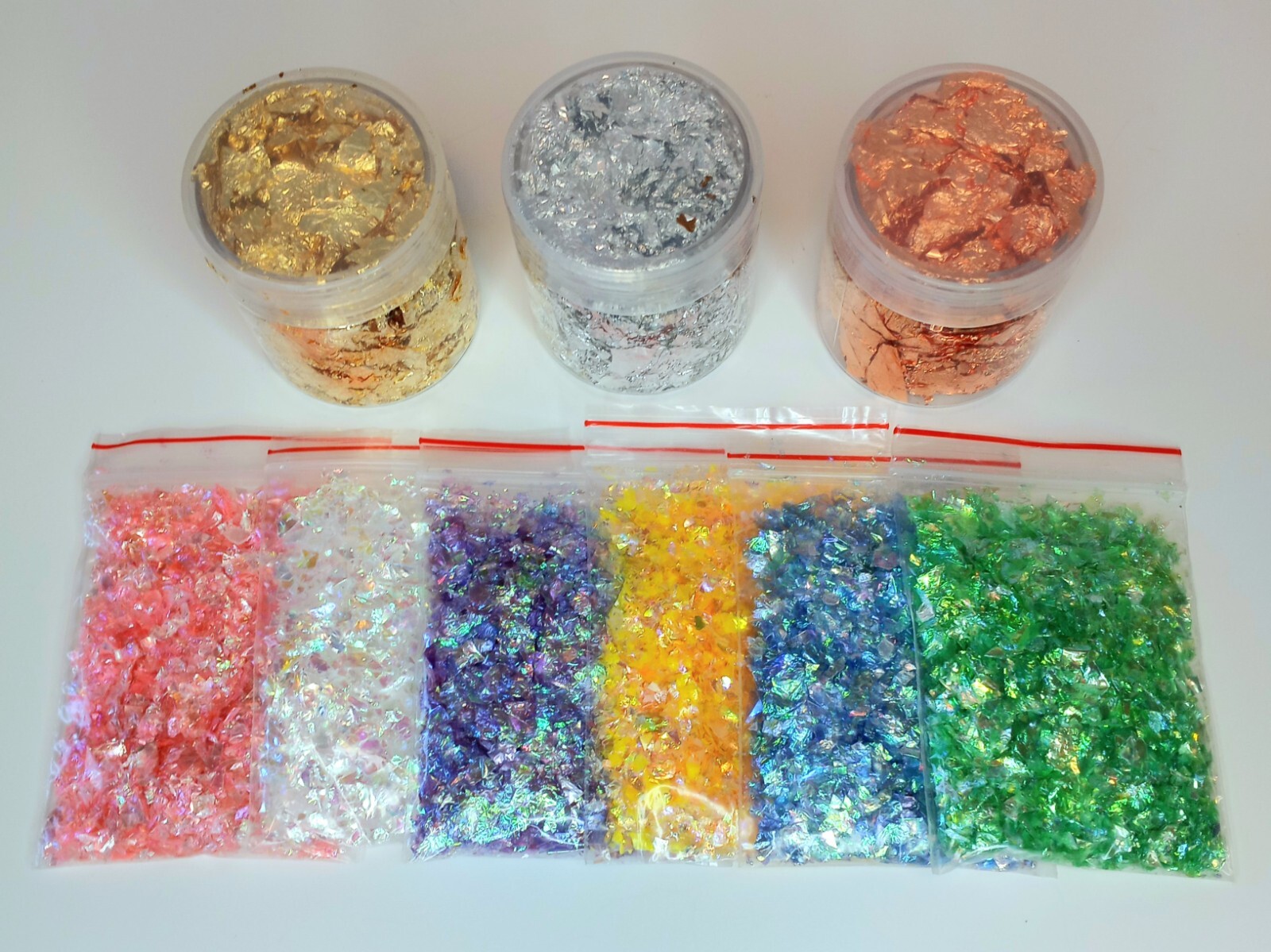 Big Lot GOLD SILVER COPPER LEAF & IRIDESCENT GLITTER FLAKES Nail Art Resin Craft