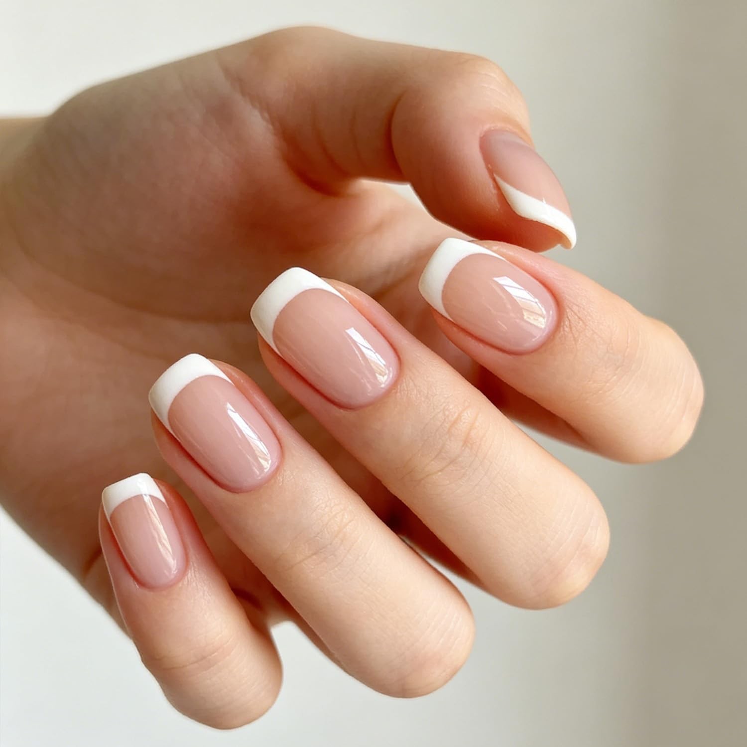 Modelones French Tips Press on Nails Short Square, Pink White Fake Nails