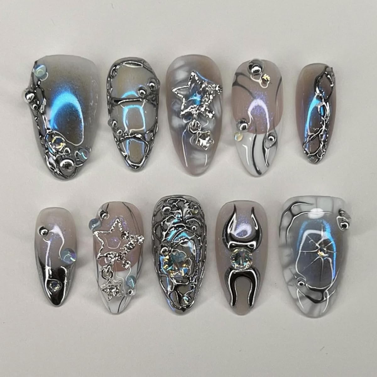 Silver Chrome Press on Nails Medium Almond Fake Blue Style-A, Style-11