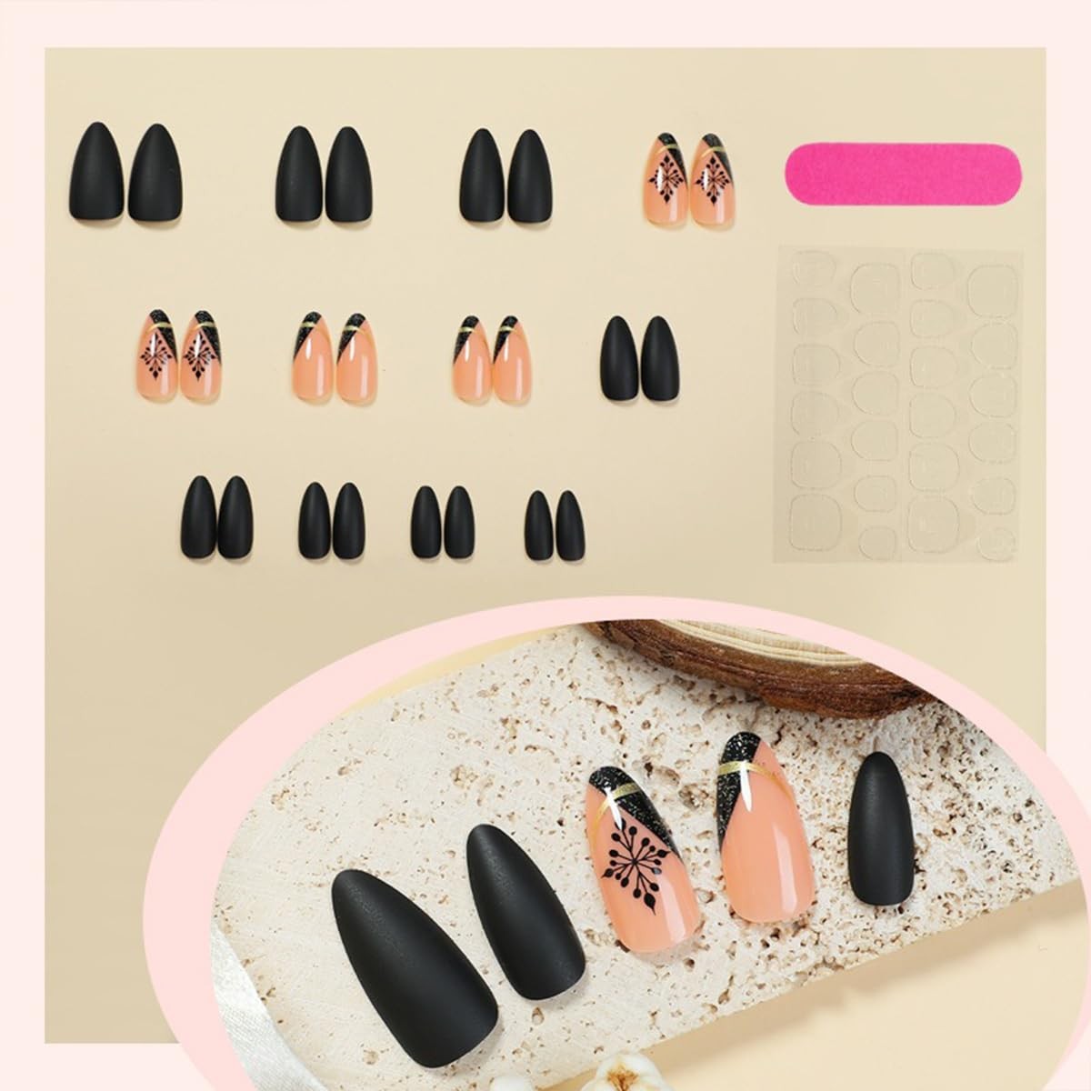 Winter Press on Nails Medium Almond French Tip Fake Nails Black Matte Solid C…