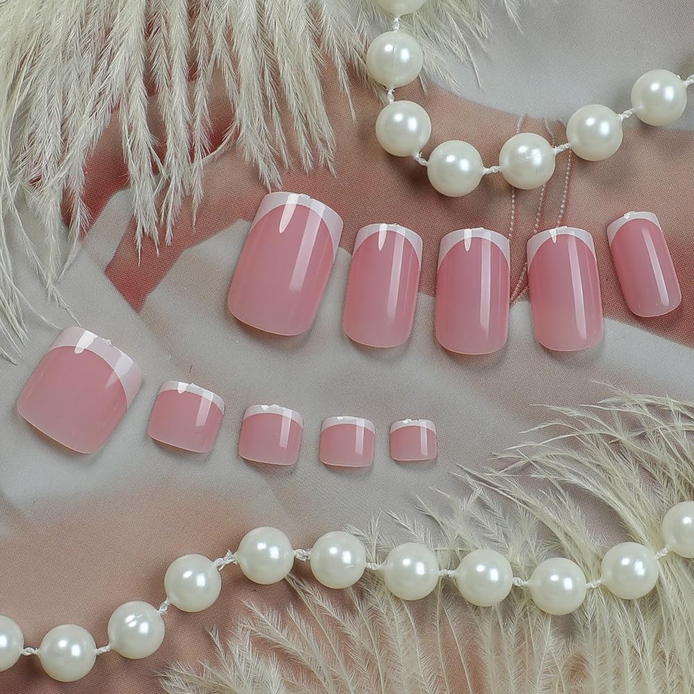 48 Pcs Pink Press On Nails Short Square & Press On Toenails Set,YEFIUO Summer…