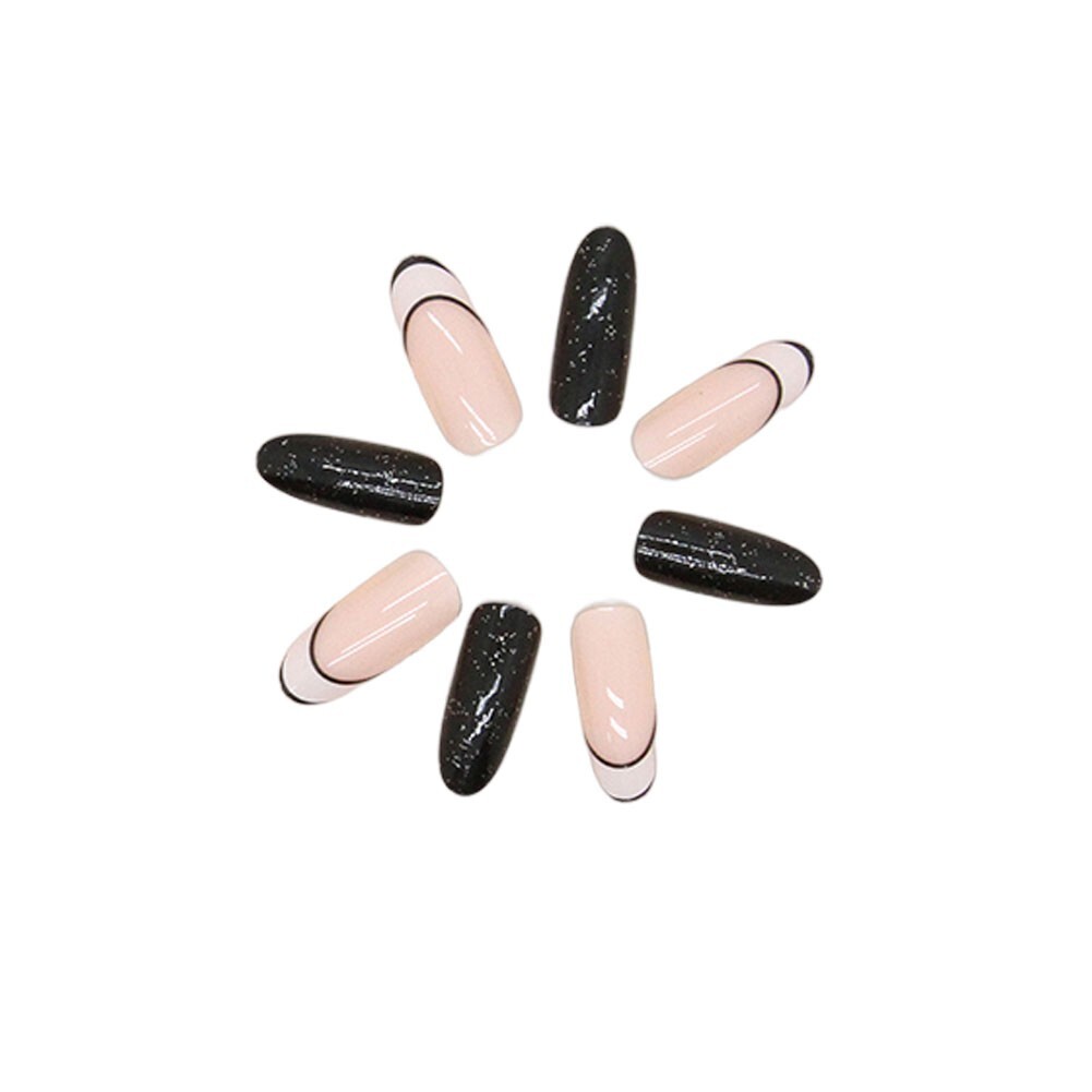 Press On Nails Long Round French and Black Reusable Glue On Nail Tips Glossy