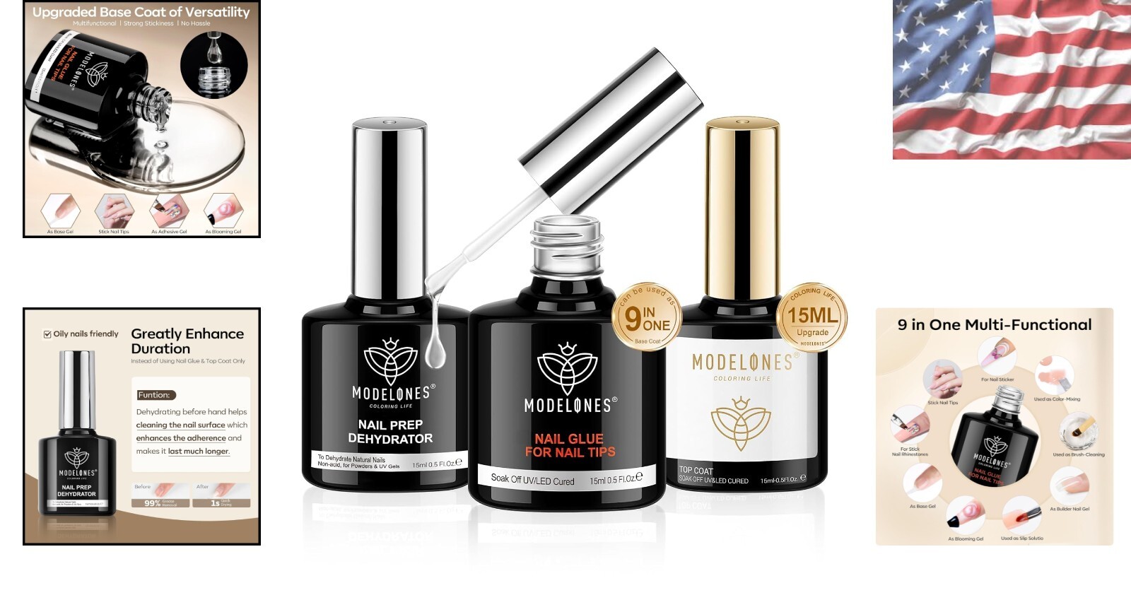 Ultimate 3 PCS Nail Art Kit: 15ml Nail Glue, No Wipe Glossy Top Coat & More