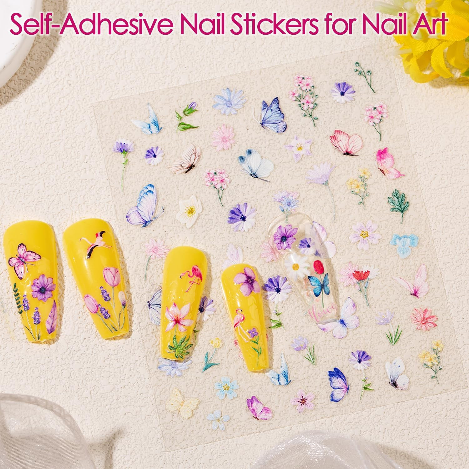 Gel Nail Stickers for Nail Art: 5D Embossed Summer Flower Nail Decals 4Pcs |