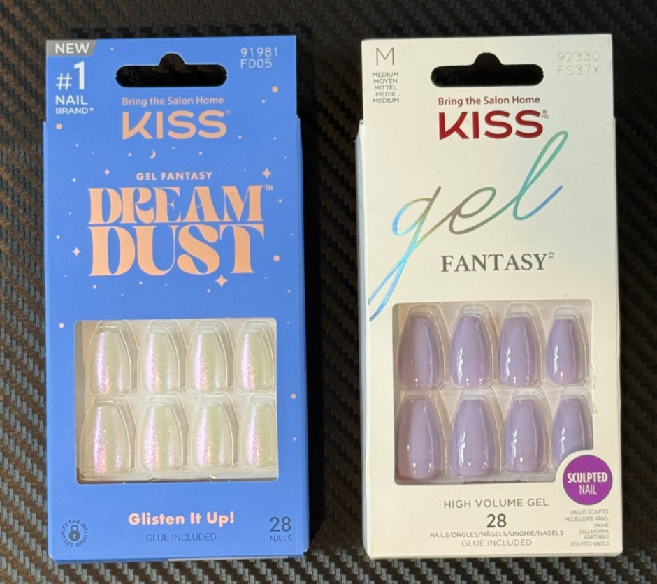 Lot Of 2 Kiss Gel Fantasy Dream Dust & High Volume Sculpted Press-On Nails