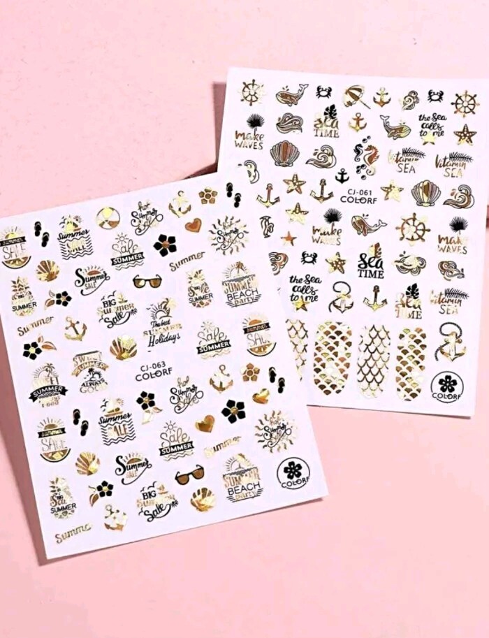 Beach Gold Nail Art Transfer Stickers Anchors Shells Mermaid Scales Whales Waves