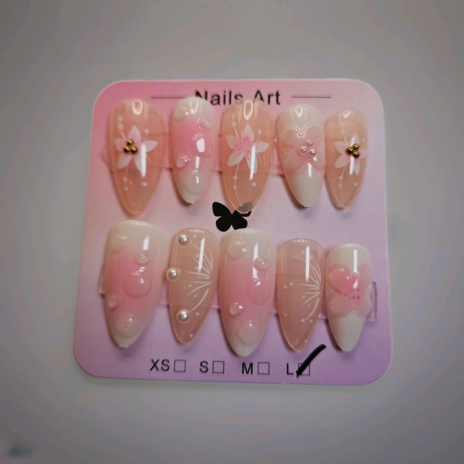 Handmade Acrylic 10 Pink Lg Press-On Nails Pre-Designed Set