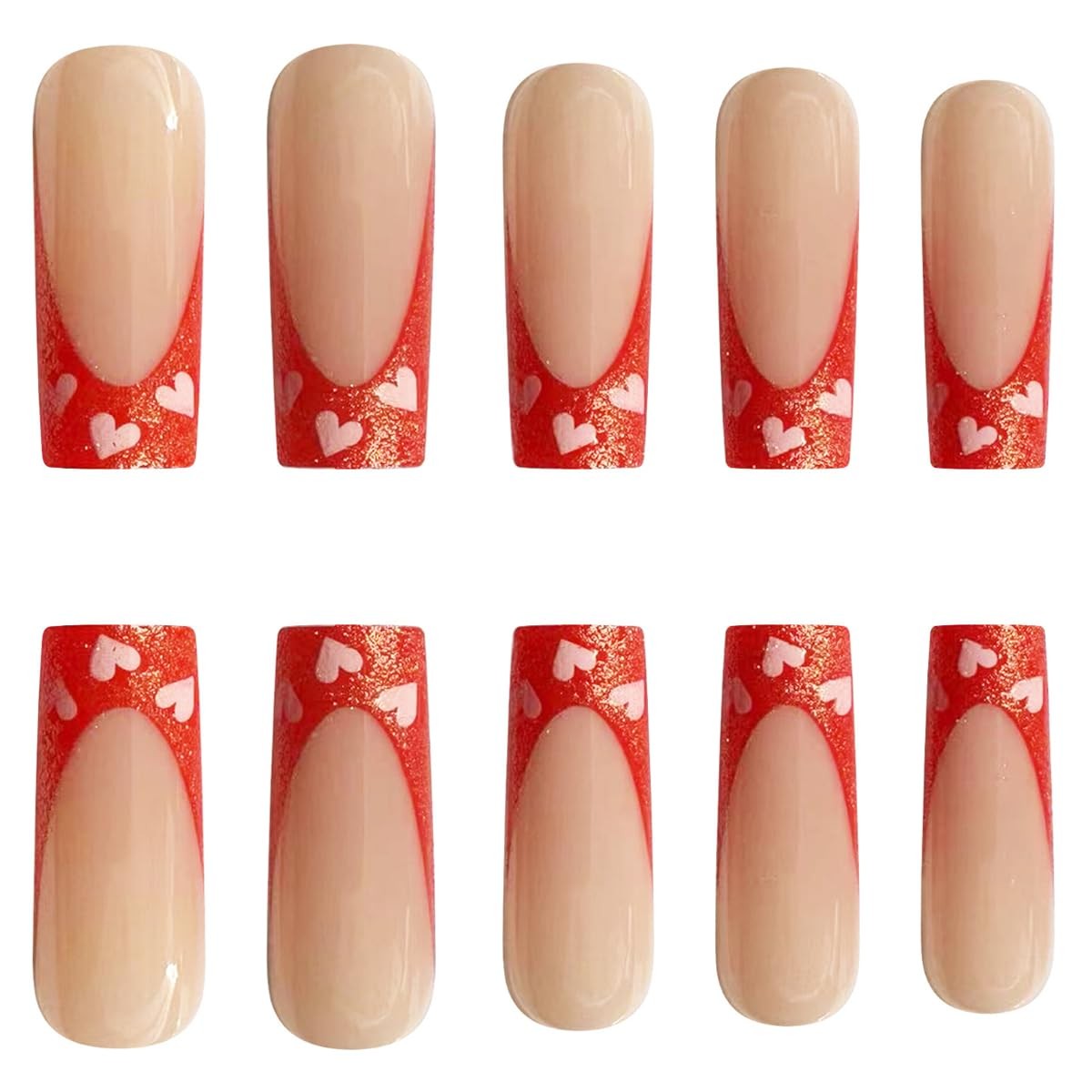 Valentine’s Day French Press Nails: Long Square Red Tips in Love Heart Design…
