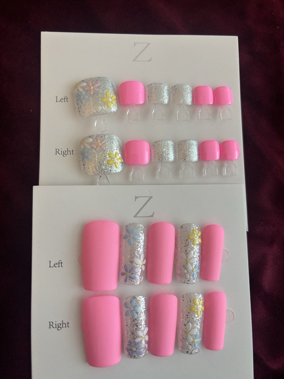 Press-On Nails Set Pink/Silver Glitter Flowers Long Coffin Full Cover
