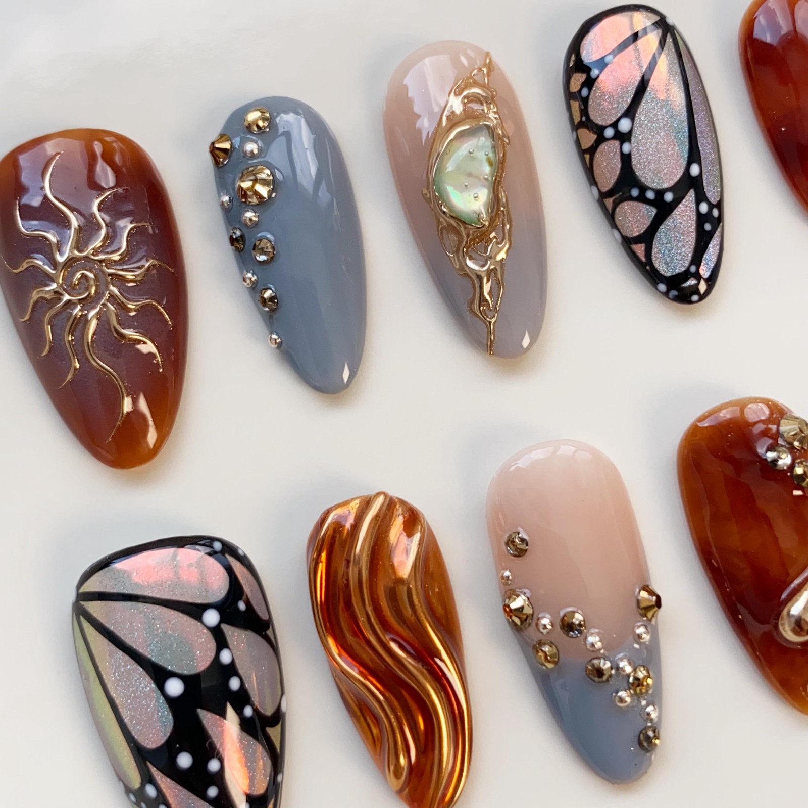 Custom Pure Handmade Nails Caramel Butterfly Gold Gem Vintage Western Manicure