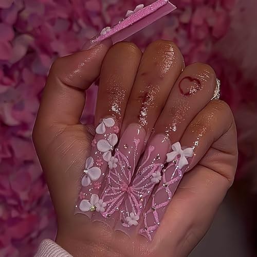 RUOKEXIN Long Square Press on Nails – Pink French Tip Fake Long Style-C6C31
