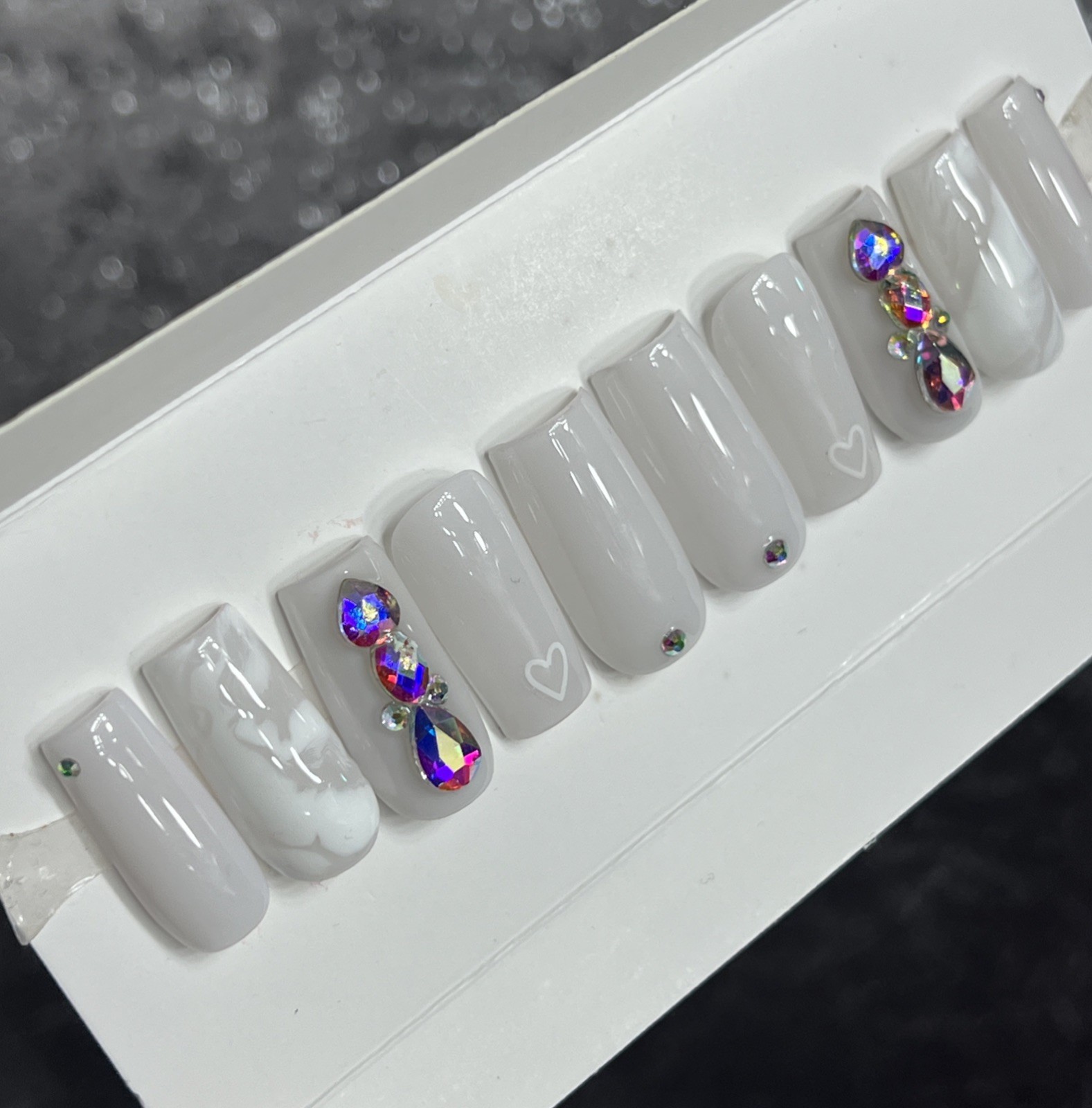 🔥 CUSTOM Gel Press On Nails, MILKY WHITE HEART W BLING 10p FULL SET W Kit