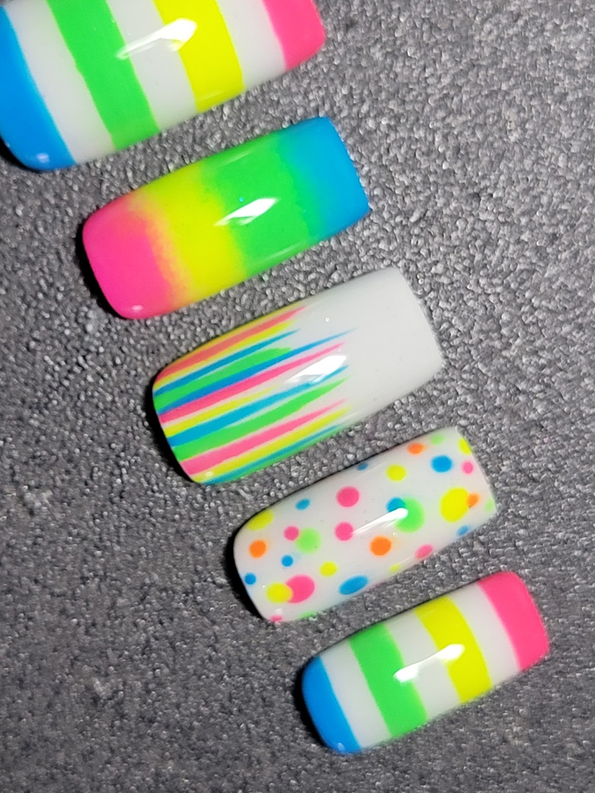 Custom Gel Press on Nails Handmade 10 pc set LARGE Neon Rainbow Dot Stripe Ombre