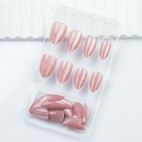 Pink Cat Eye Press on Nails Medium Almond Fake Nails Chrome False Style 12