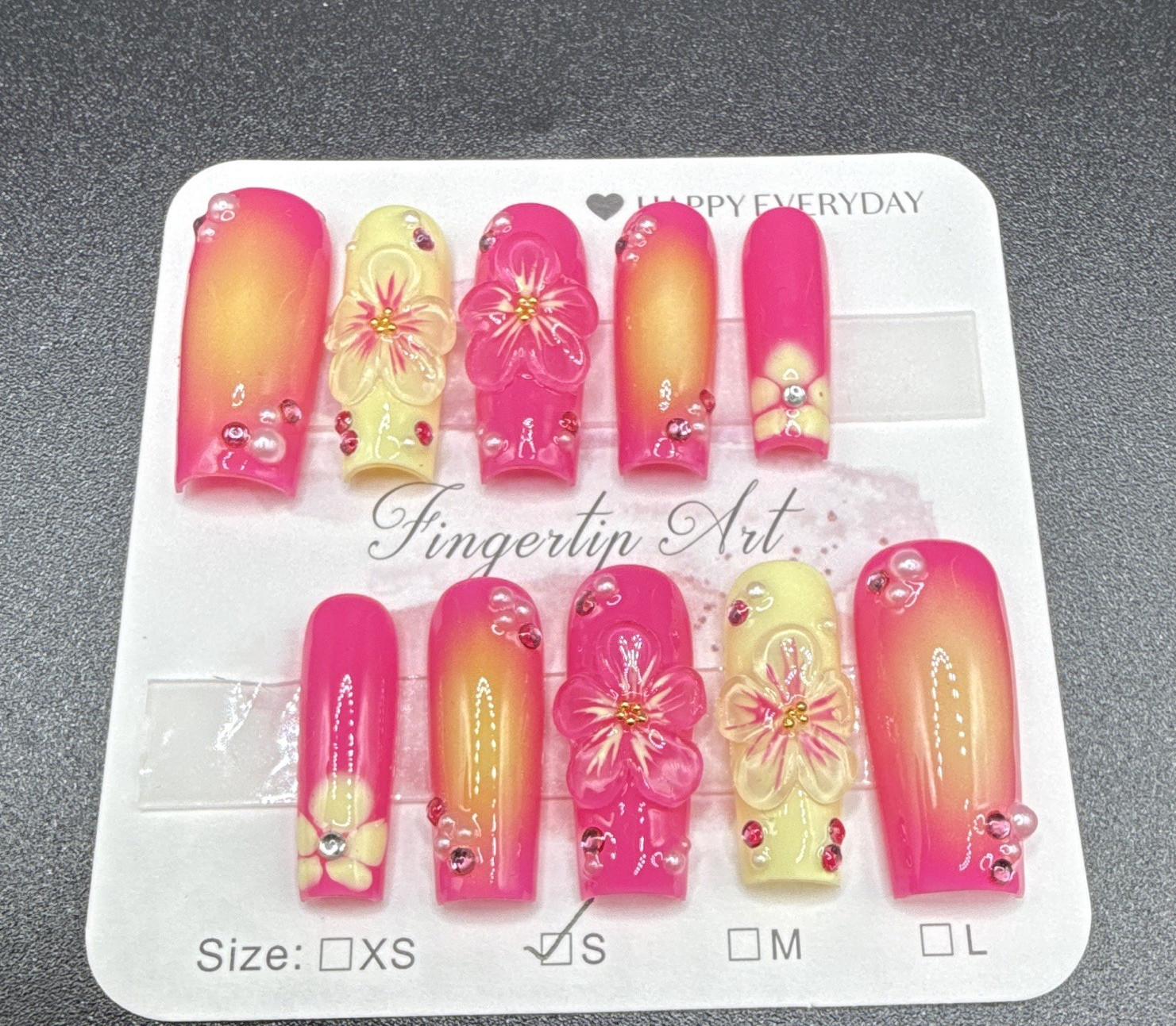 Fingertip Art Press-On Nails Pink/Yellow Shiny Floral Short Square Full Cover