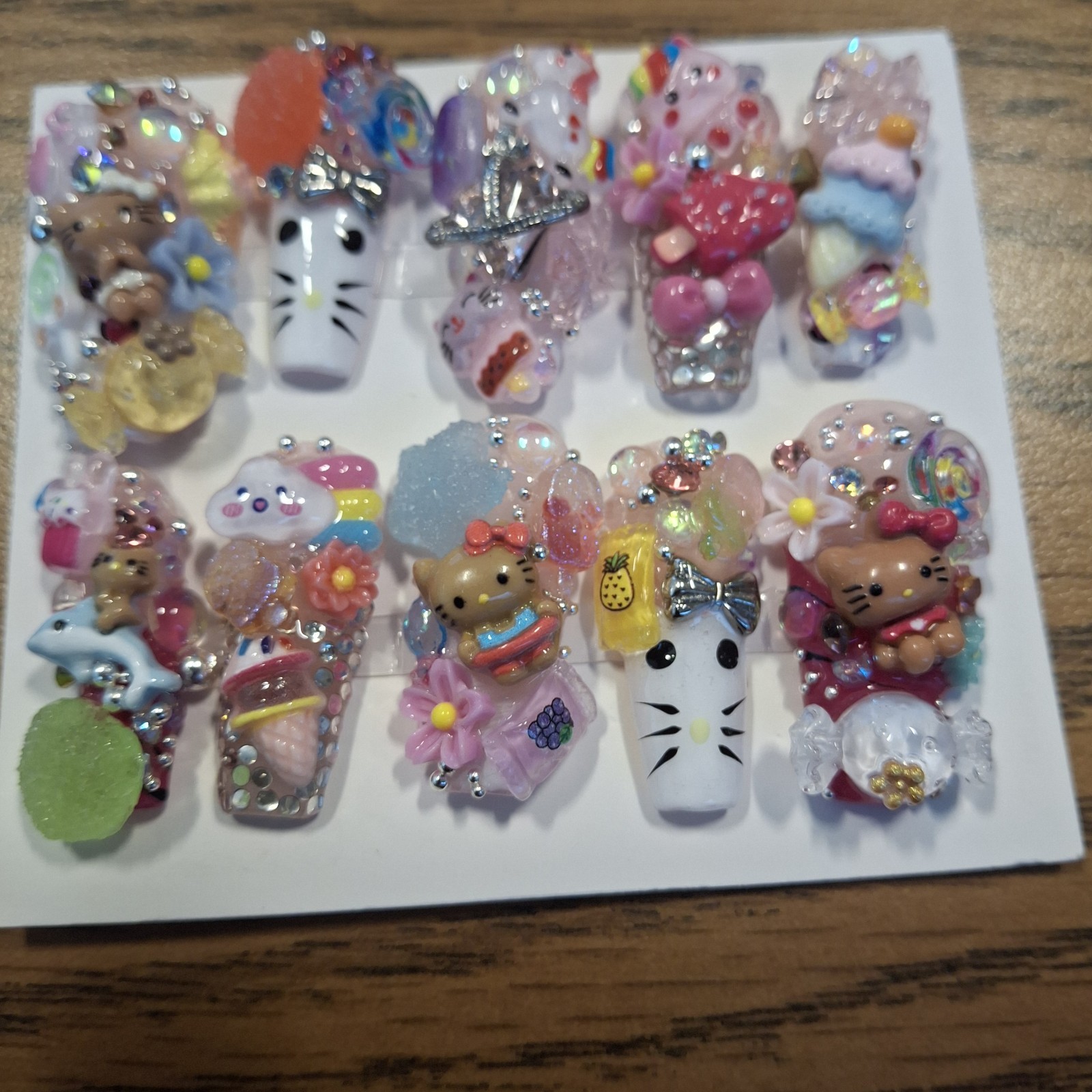 Hand Made, Special Occasion, “Hello Kitty Sweet Shop” Junk Nails. Sized Medium.