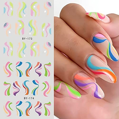 12 Sheets Nail Stickers Colorful Line Design Water Transfer Nail Decals