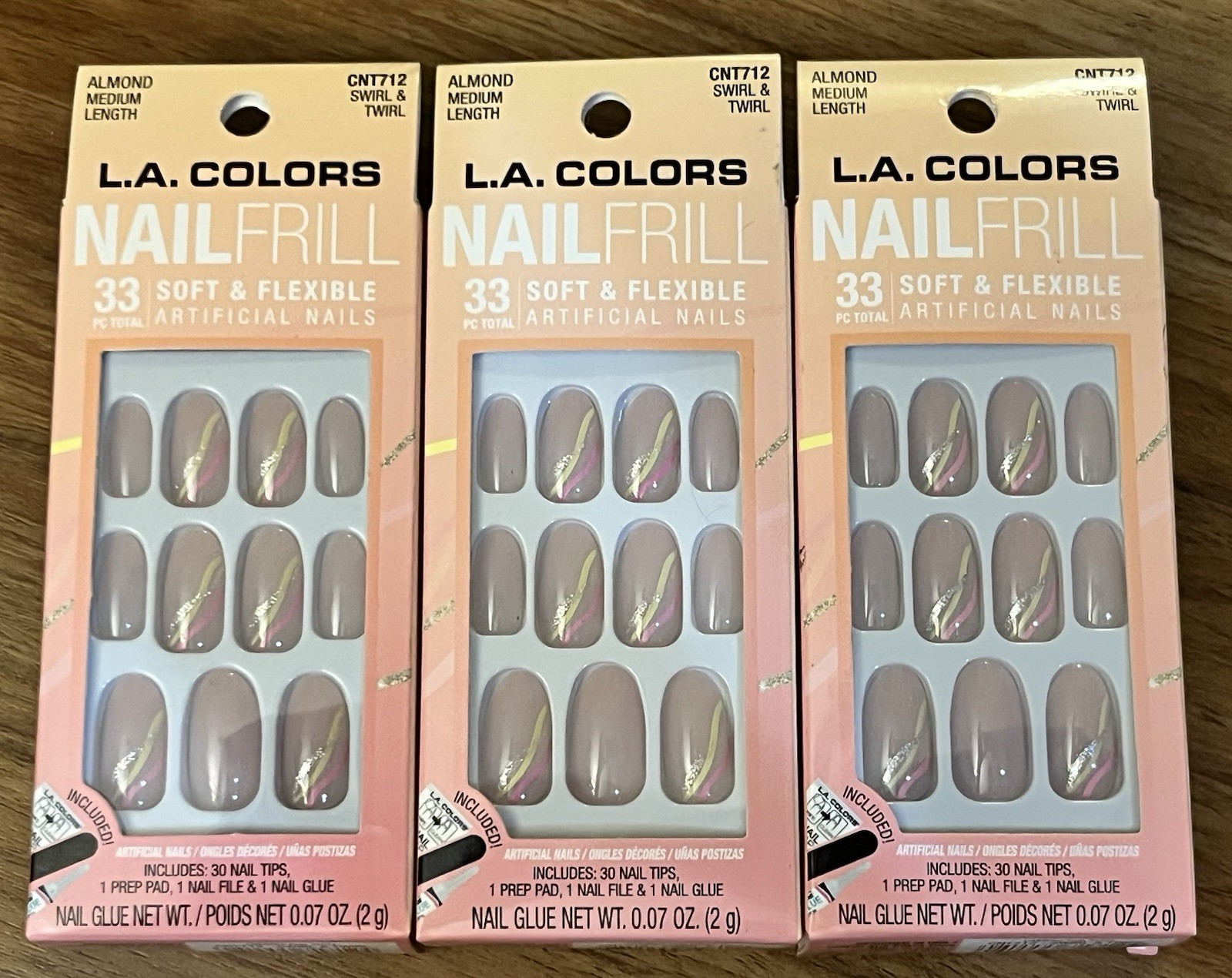 3 Packs LA Colors Nail Frill Artificial Nails Swirl Twirl Almond Medium CNT712