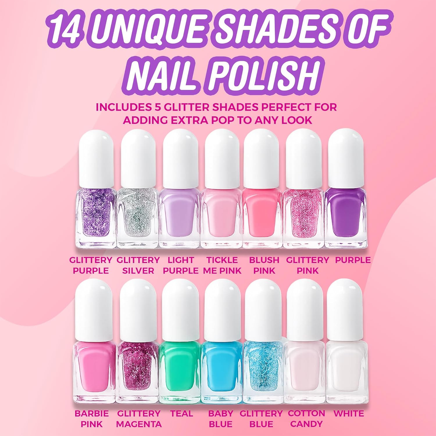Unicorn Glitter Kids Nail Polish Set for Girls – 14 Water-Based Non -Toxic Nail