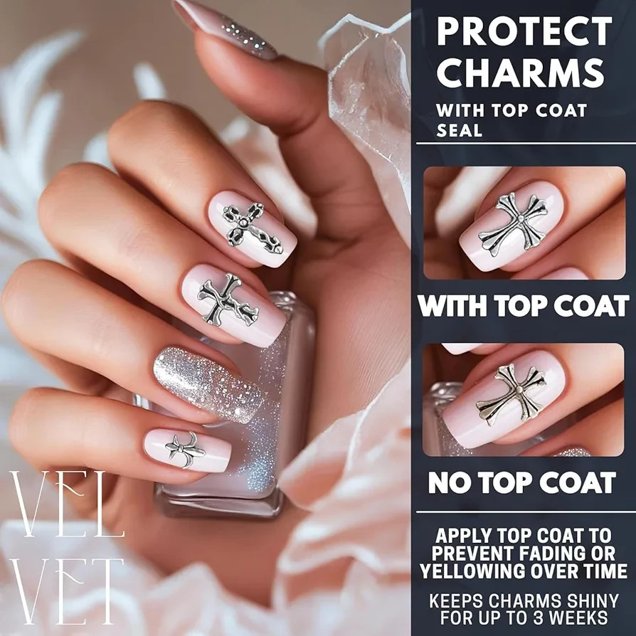 120 Silver Nail Charms, 3D Acrylic Cross Gothic Acrylic Nail Art Decorations
