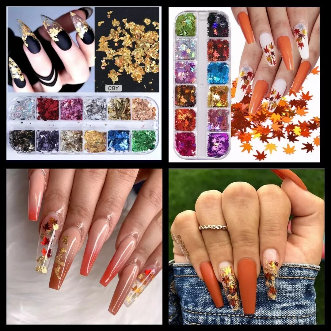 24 Colors Holographic Maple Leaf Nail Art Flakes Fall Leaf Glitter Nail Sequins
